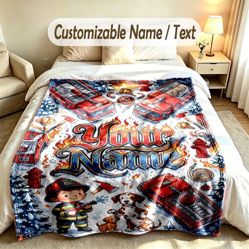 Fire Truck Theme Custom Blanket Personalized Name & Text Customized Soft Warm Throw Blanket Home Decor