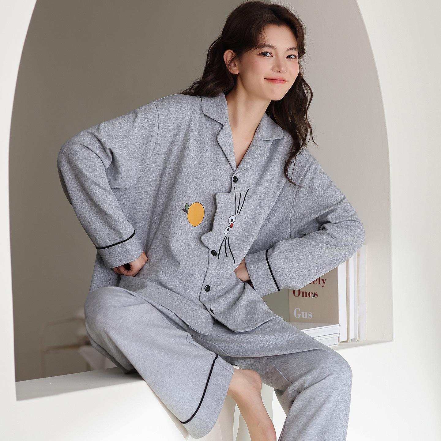 

Women s 100% Cotton Long Sleeve Korean Style Cardigan Pajamas - Stylish Sweet Home Wear for Winter XL