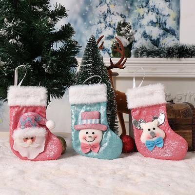 1pc Blue/Pink Christmas Stocking, Stocking Decorated With Santa Claus, Snowman And Elk Head, Plush Stocking With A Cuff