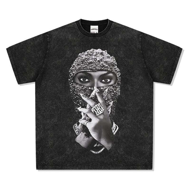 Dark T-Shirt Heavy Masked Man Print Short Sleeve Loose Men S Pearl T-Shirt Trendy Summer Short Sleeve S