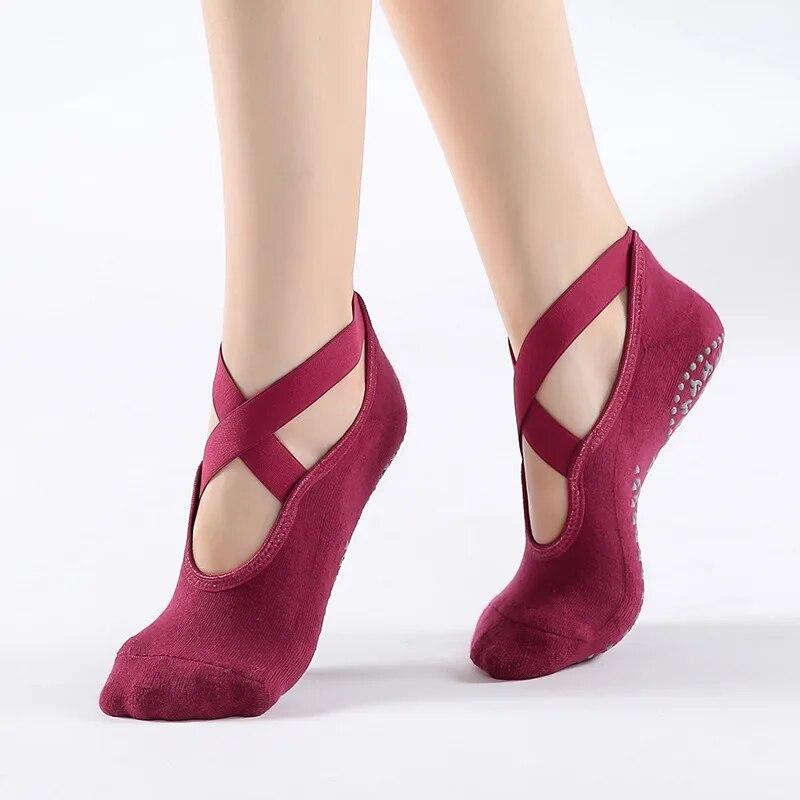Non-Slip Bandage Yoga Socks for Women Cotton Ballet Dance Pilates Workout Grip Socks Gym Running Sport