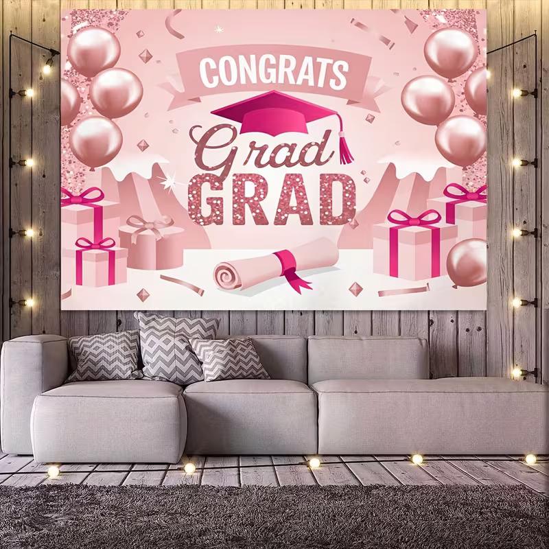 2D Pink Congrats Grad Graduation Party Backdrop 2D Glitter Pink Graduation Photo Booth Background