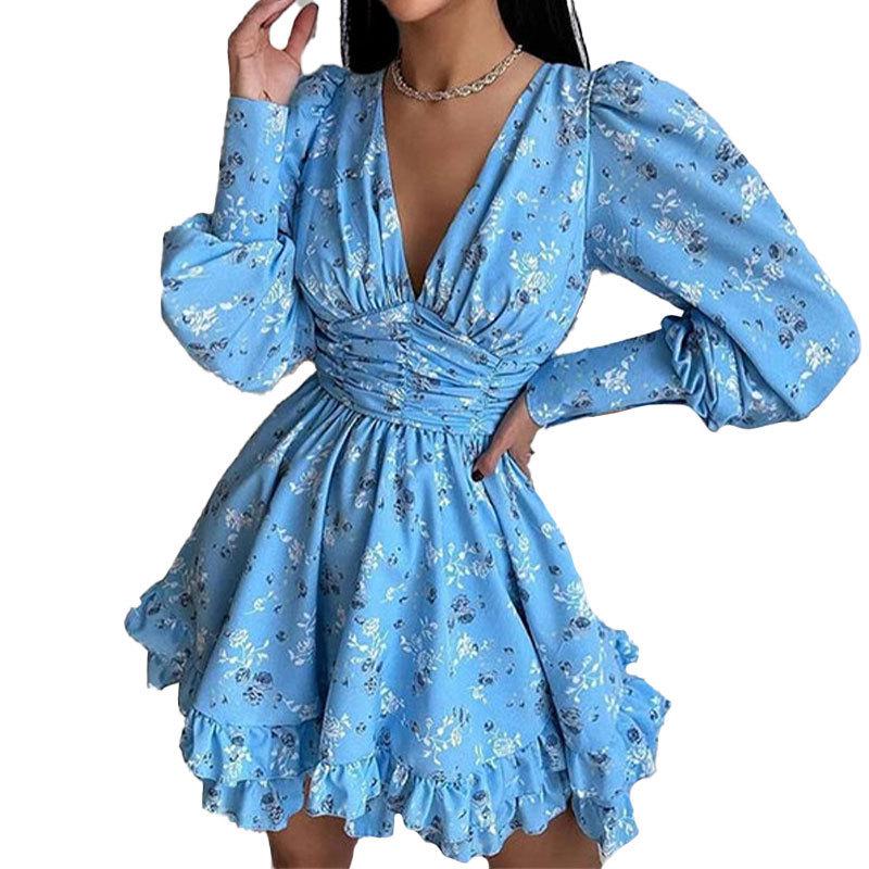 Spring 2026 European American Women's Fashion: Printed Long Sleeve Pleated Mini Skirt Backless Dress