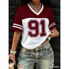 American Style Women‘s NO. 91 Print Fashion Comfortable Lightweight Breathable V-Neck Short Sleeved Baseball T-Shirt Tops Tee