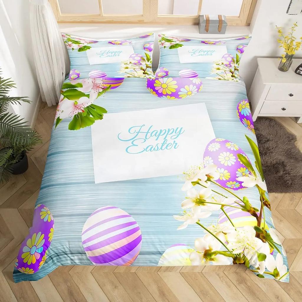Oster-Eier Bettbezug Jungen Mädchen Cartoon Bunt Ei-Thema Bettwäsche-Set Frohe Ostern Bettdeckenbezug Floral Blume Steppdeckenbezug
