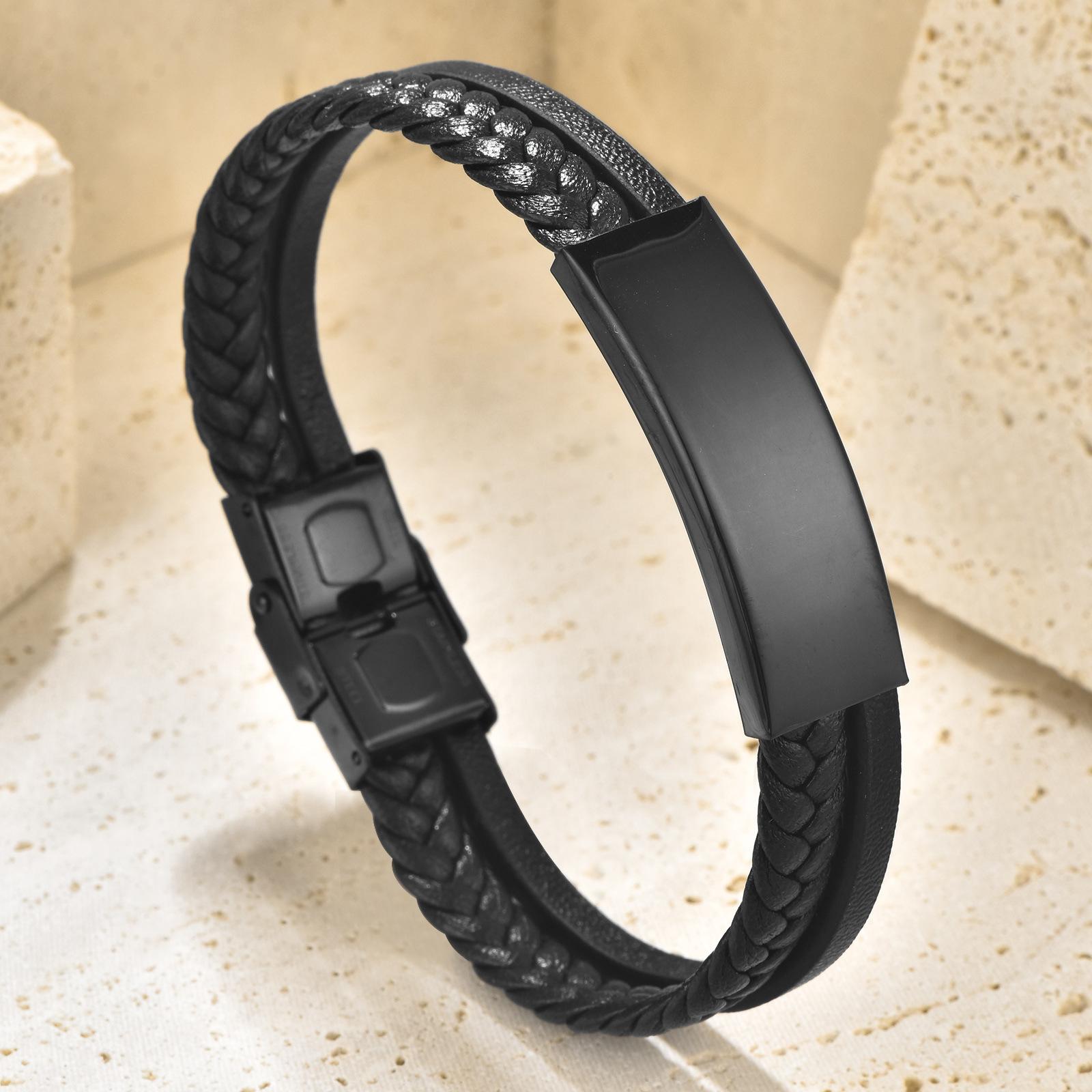 2026 Black Leather Rope Cowhide Men s Double-layer Woven Bracelet Multi-layer Leather Bracelet 21CM