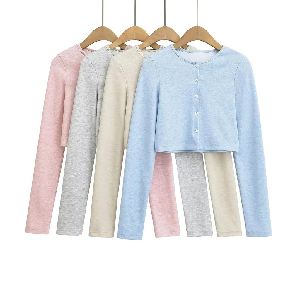 Spicy Girl Slim Fit Short Cardigan Top: High Waist, Round Neck, Single-Breasted, Slim Long Sleeve Crop for Spring/Summer