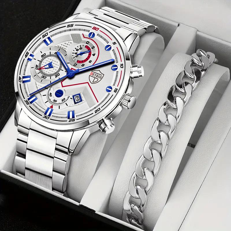 

2 шт./набор, 1 шт. Мужские модные спортивные кварцевые часы из нержавеющей стали наручные часы и 1 шт. браслет с , мужские подарки