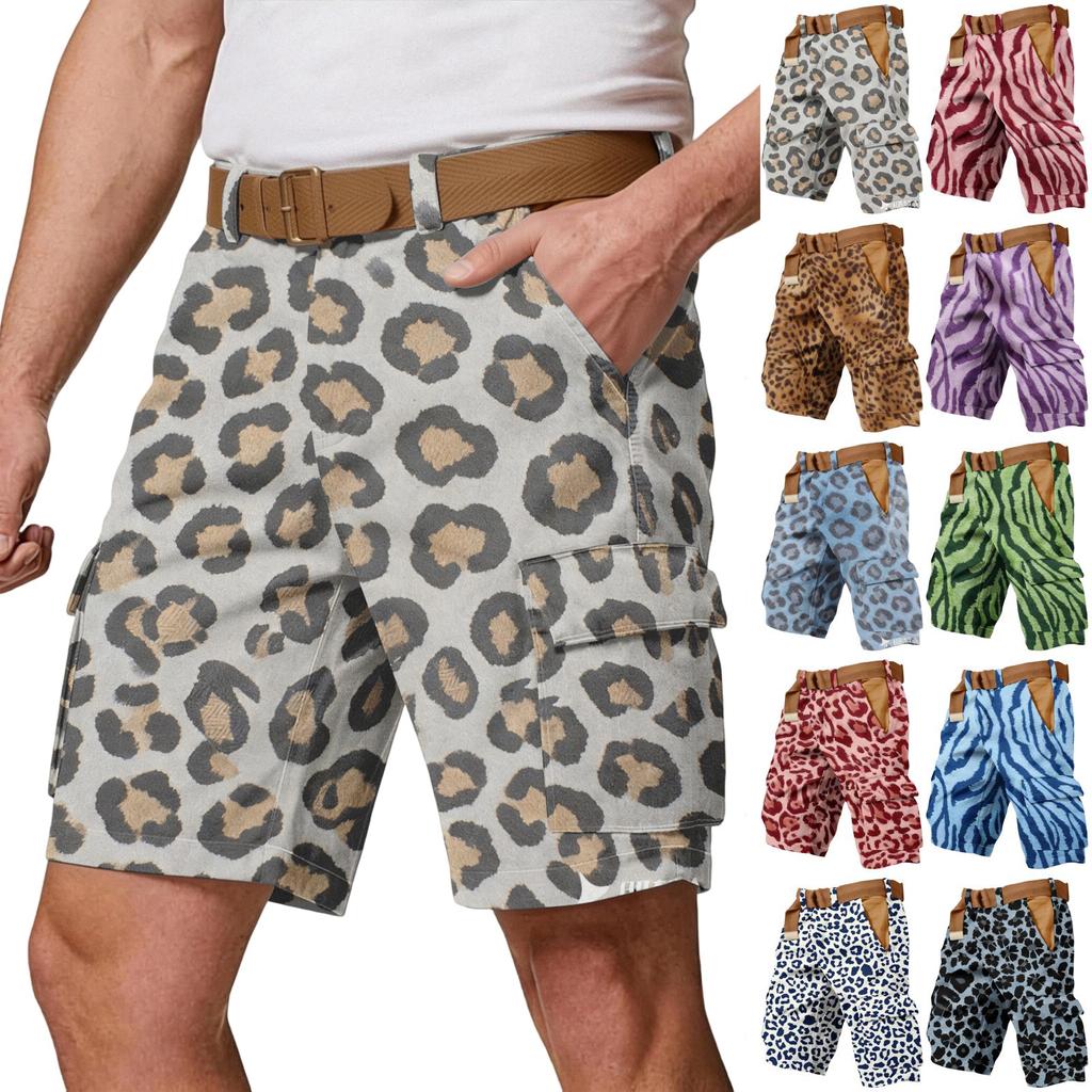 Men’s Casual Multi Pocket Cargo Shorts with Leopard Print Pattern Relaxed Fit Outdoor Athletic Shorts