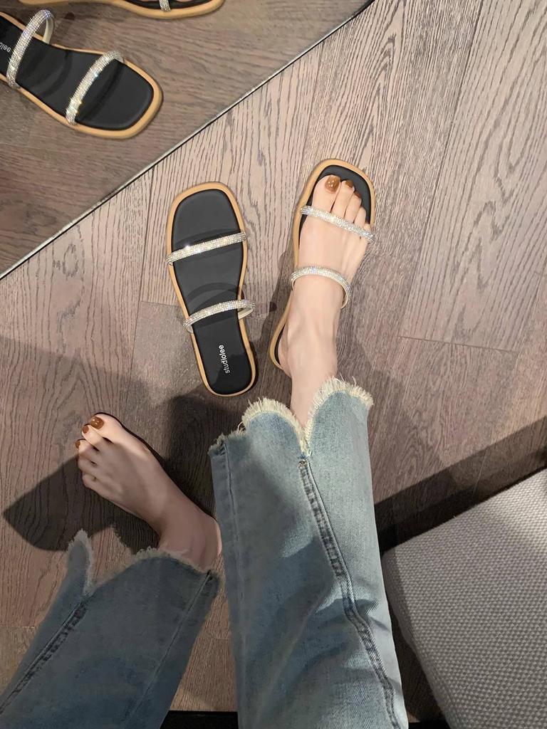 Grape mother's same square head sparkling double one-word with flat-bottomed padded slippers minimalist casual versatile open-toed slippers