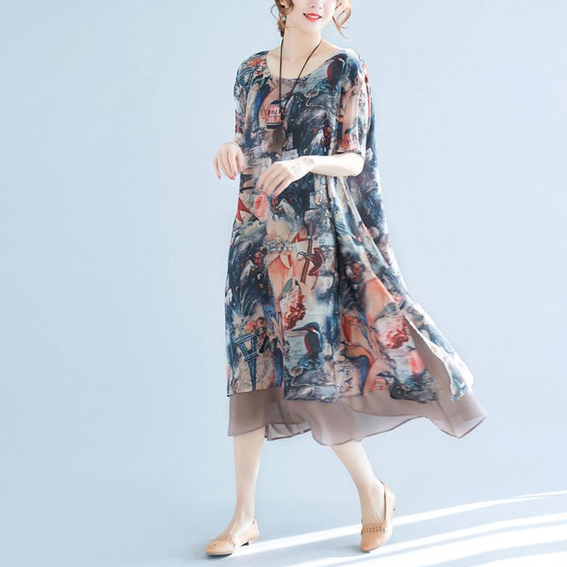 Damenbekleidung Chiffonkleid Große Größe Locker Rundhals Kurzarm Druck Mittellang