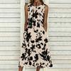 Oversized Women Sleeveless Round Neck Dress Dense Floral Printed Flowy Mid Calf Gown