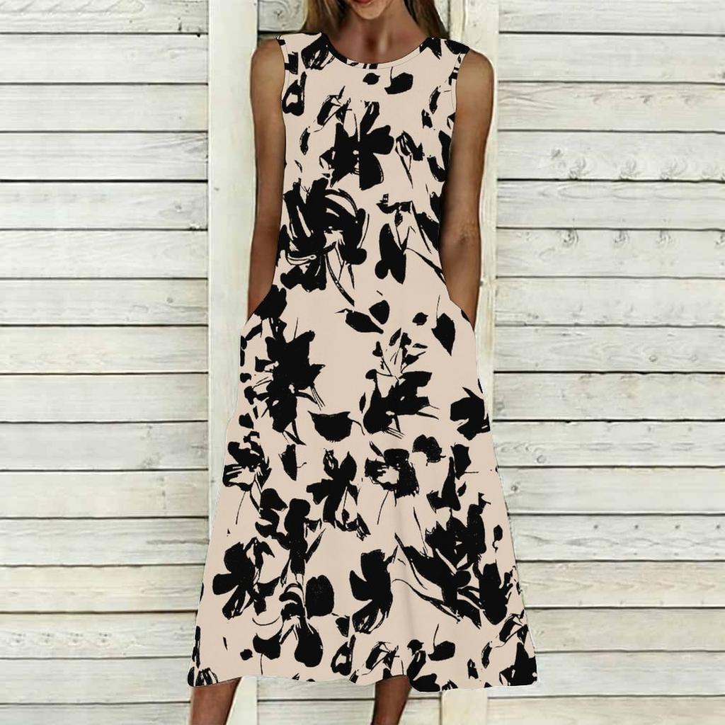 Oversized Women Sleeveless Round Neck Dress Dense Floral Printed Flowy Mid Calf Gown