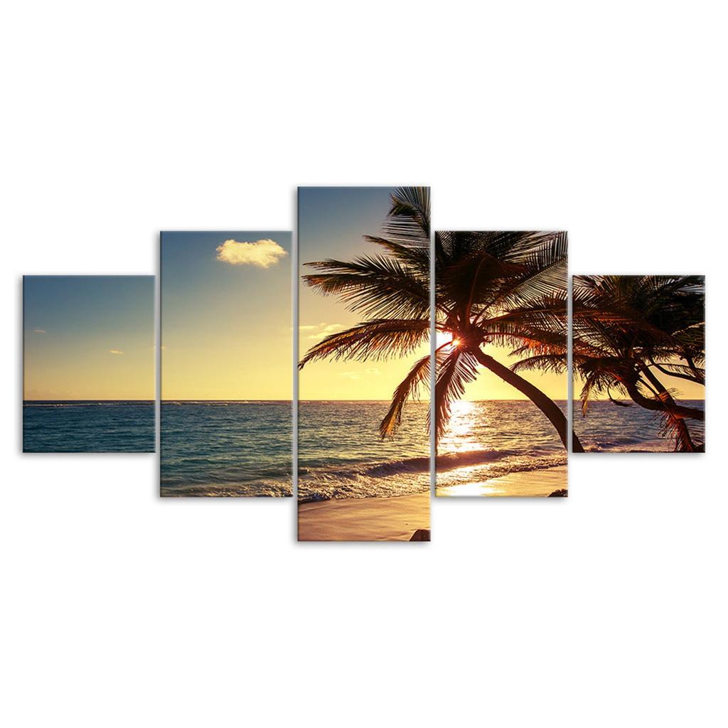 Sunset Beach Coconut Tree Canvas 5 Piece Five Panel Print Modern Wall Art Poster Picture Home Decor Gift For Him For Her