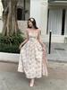 Plus Size French Retro Print Suspender Dress & Cardigan Set