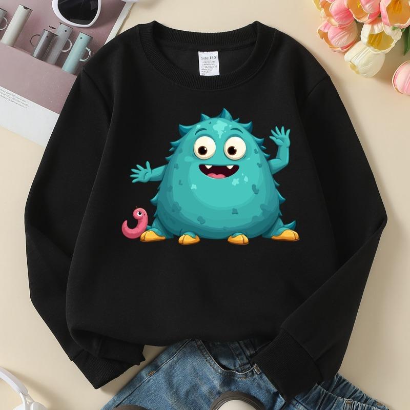 Kids Crewneck Sweatshirt, Cute Monster With Worm Print,Daily Casual Top for Spring & Autumn