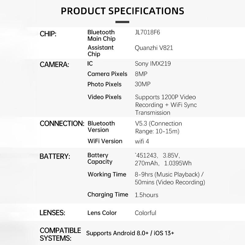 Outdoor Smart Glasses 1200P HD Camera 8MP Sensor 30MP Photo WiFi Sync Bluetooth 5.3 Audio Sunglasses Anti-shake Dual Mic ENC Mic