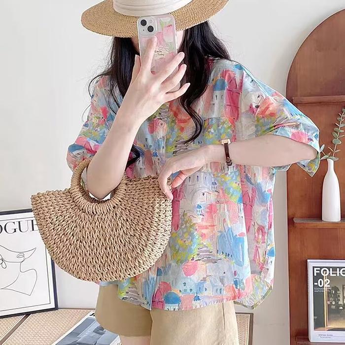 Ladies Summer Bohe Shirt - Oversized Short Sleeve Button Down Flower Printed Top for Casual Layering