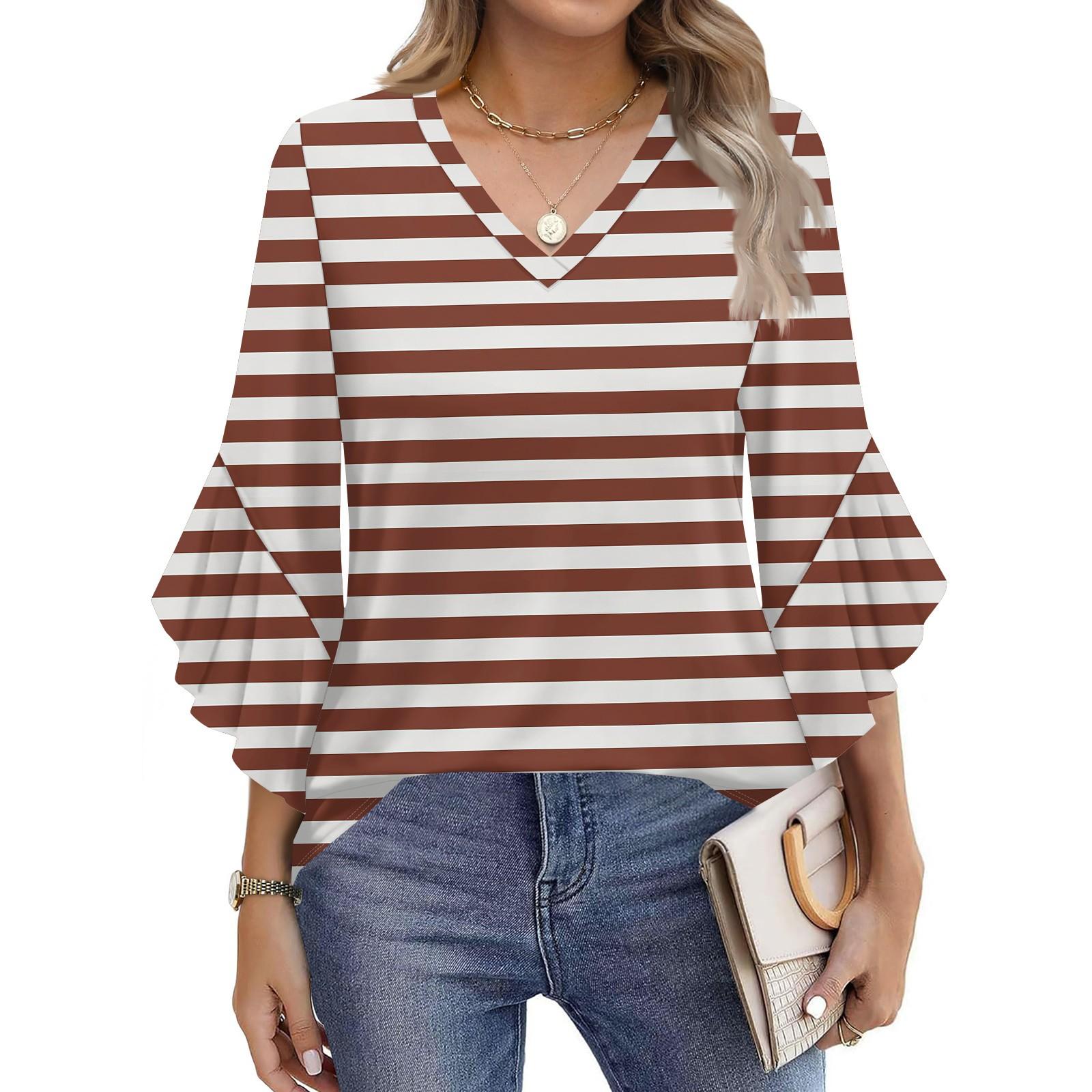 

Women s Fashion Casual Seven-minute Sleeve Stripe Print Top V-neck T-shirt Flared Sleeve Shirt XXL коричневий