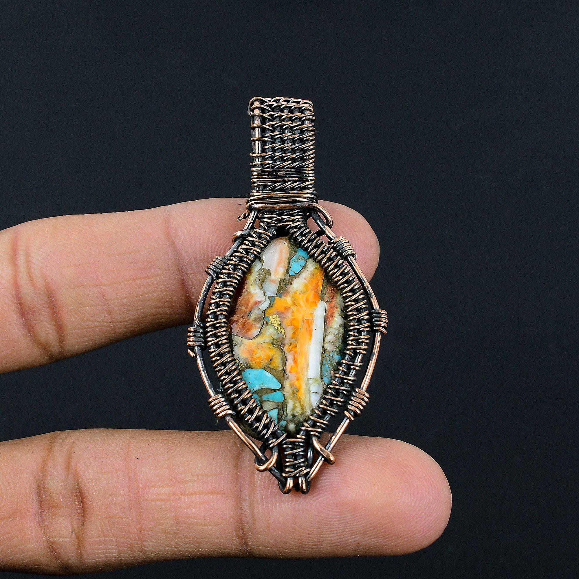 

Подвеска из Спини Ойстер, ручная работа, с драгоценным камнем, обмотанная медной проволокой 999 пробы, дизайнерское украшение, для подарка на годовщину 2.55 Inches