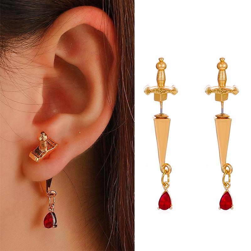 Vintage Dark Gothic Kinitial Sword Earrings For Women Men Blade Piercing Earring Ear Jacket Punk Goth Halloween Jewelry Gift