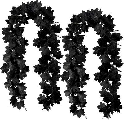 Black Maple Leaf Garland, 2PCS Halloween Artificial Hanging Autumn Leaf Vine Simulation Maple Leaf, Autumn Flower Wreath Thanksgiving Decoration