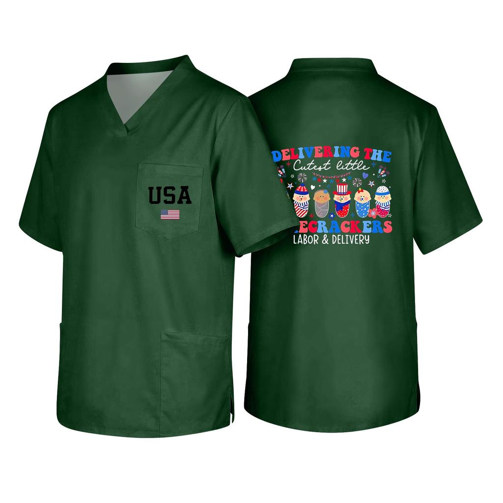 Men's V Neck Work Shirt Short Sleeve Pocket Top with USA Print Suitable for Healthcare and Labor Day Uniforms