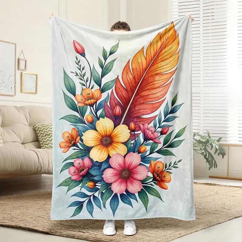 One of a kind Bohemian Feather and Floral Flannel Blanket - Suitable for all seasons, perfect for camping, traveling, bed 130x150cm