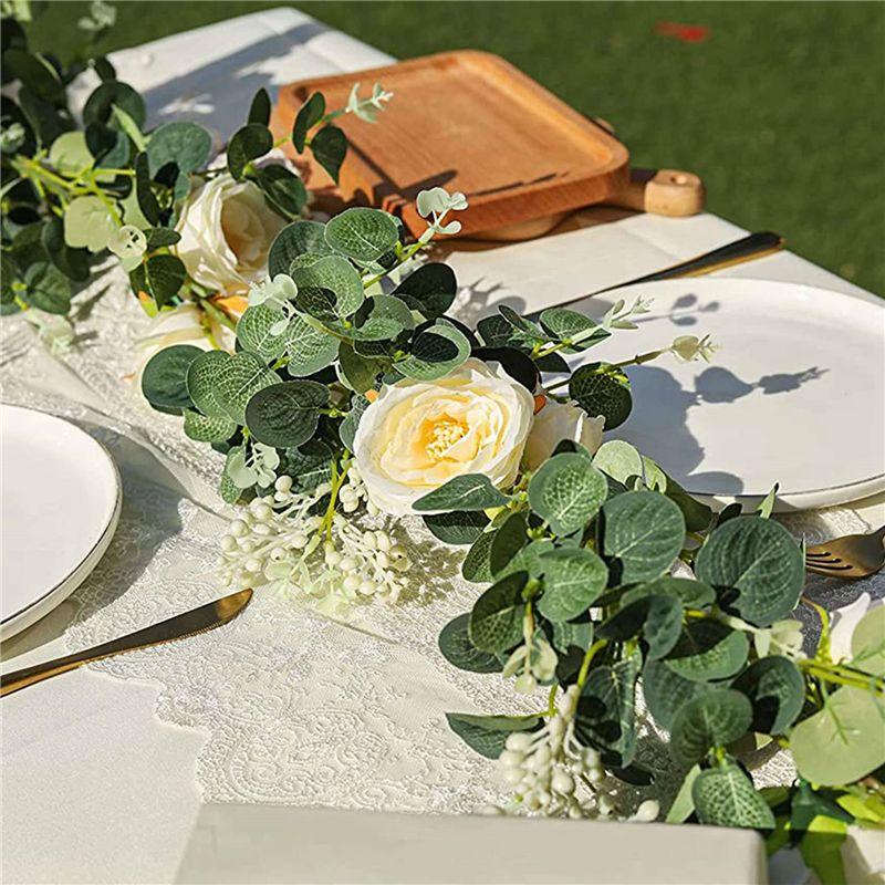A84E-4 Pack Eucalyptus Garland With Champagne Rose, Greenery Garland Bulk Artificial Silk Floral Eucalyptus Leaves Vines(A)