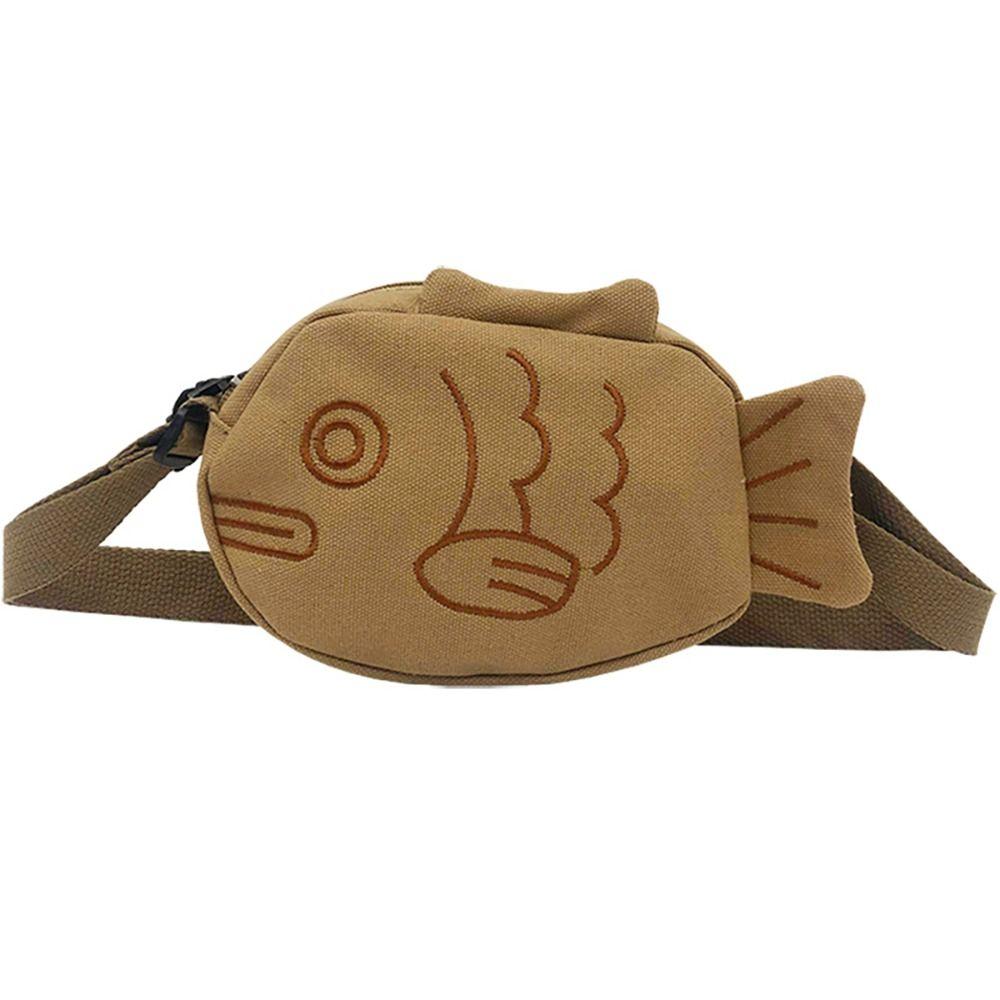 

Cute Canvas Messenger Bag Cartoon Creative Embroidery Fish Shape Bag Portable with Shoulder Strap Zippered Small Purses бежевий