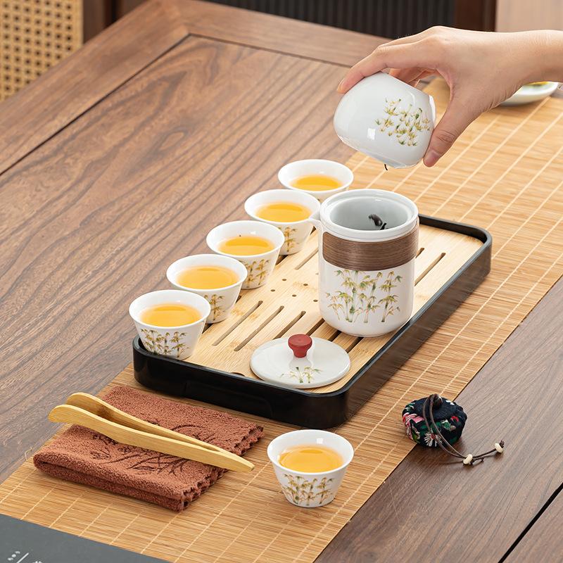 White porcelain tea set, gold silk bamboo rhyme car ancient rhyme tea set can be customized gift set, express cup camping set