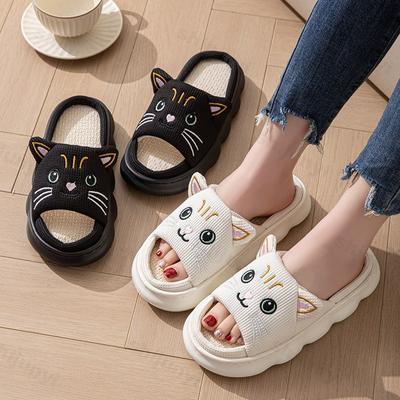 Fashion Cute Cat Couple Women Slippers Fashion Breathable Indoor House Slippers Sweat-absorbing Linen Antiskid Comfort Casual Slippers