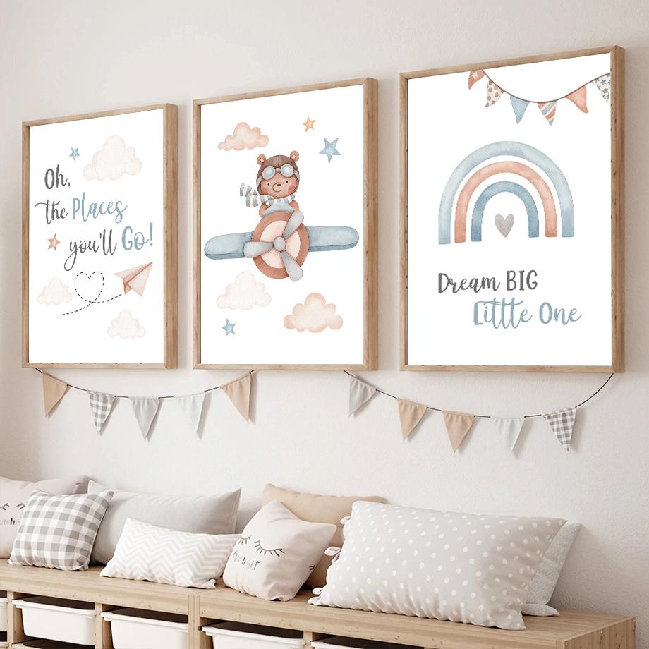 Flugzeug Bär Ballon Regenbogen Traum Zitate Nordische Poster Drucke Leinwandmalerei Cartoon Wandkunst Bilder Für Kinderzimmer Dekor