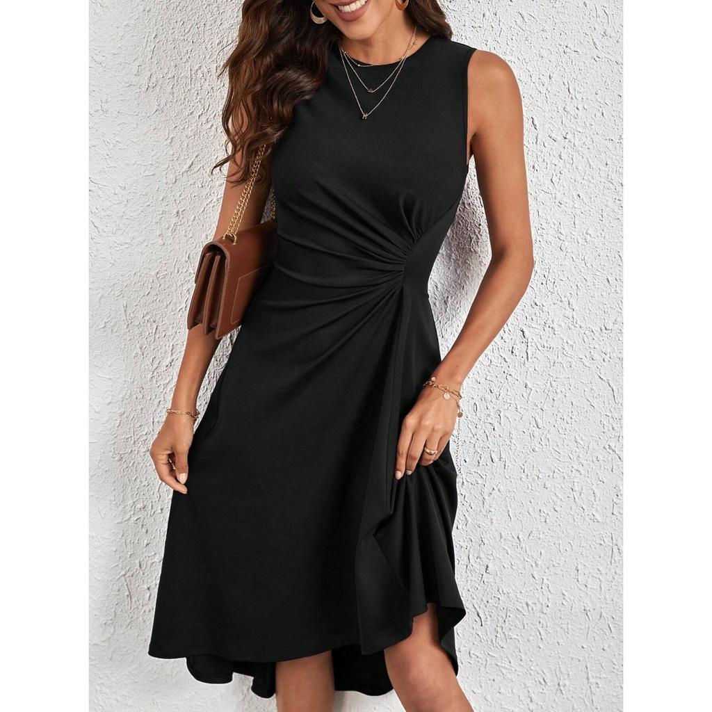 IHUASU Summer Women's Summer Fashion Sleeveless Solid Color A-line Crepe Mid-dress