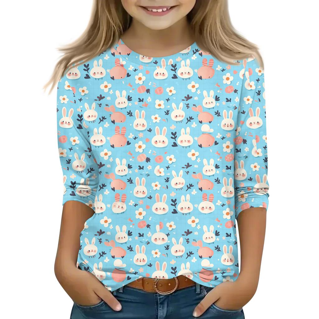 Print Tops For Youth Girls Round Neck 3/4 Sleeves T-Shirts Trendy Tops Outfit Tees