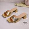Fashion Plus Size Luxury High Heels Sandals Women Gold Pu Leather Square Toe Party Slippers Summer Comfort Non Slip Square Heels Sandals