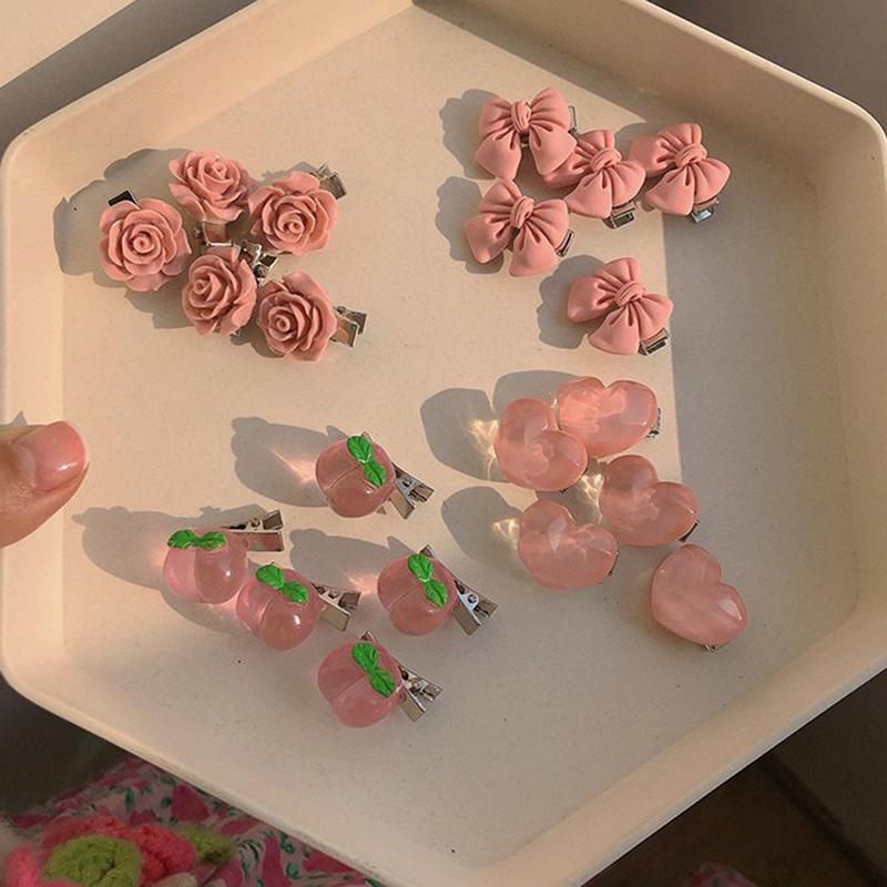 5Pcs So Cute Girls Pink Rose Flower Heart Bow Peach Mini Hairpin Set Sweet Hair