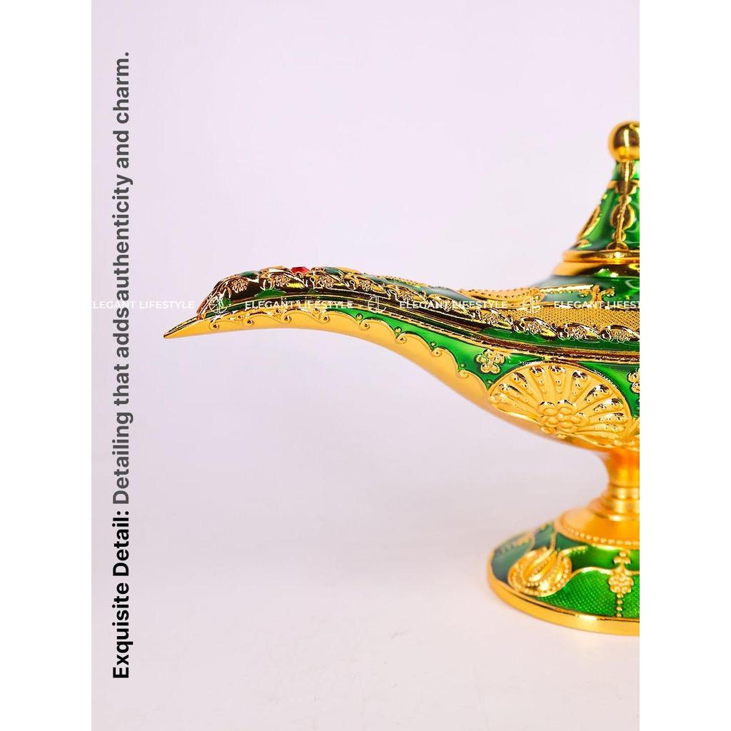 Vintage Aladdin Chirag Lamp-Luxurious Metal Jewelry Box,Decorative Showpiece,Home & Office-12 cm(Gold-Green)