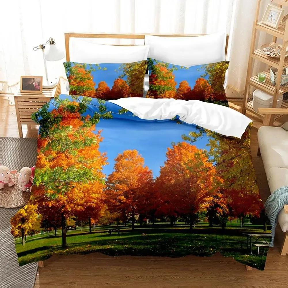 Bettwäsche-Set „Wald“, Wald mit schattigen Bäumen, traumhafte Waldlandschaft, Naturmotiv, Bettwäsche-Set, Queen-Size, Grün-Braun