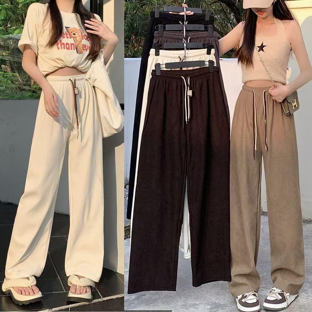 Women's High Waist Drawstring Wide Leg Corduroy Pants Solid Color Loose Straight Trousers Japanese Casual Fall Bottoms