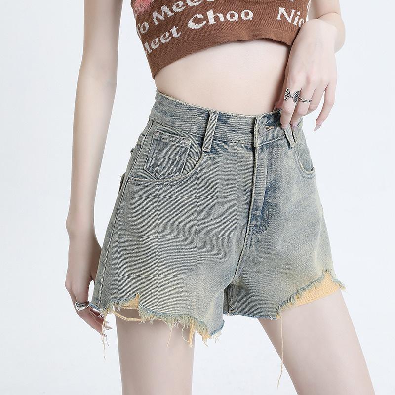 

Ретро Неровные Рваные Джинсовые Шорты А-силуэта для Женщин, Новые Корейские Брюки с Высокой Посадкой и Широкими Штанинами XXL