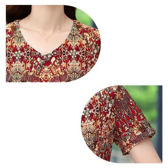 Vintage Floral Print Midi Dress for Women Short Sleeve Smocked Waist A-Line Dress Summer V Neck Swing Sundress