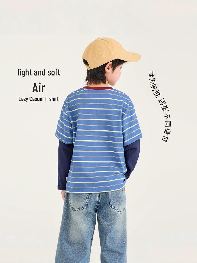 2026 Autumn Korean Style Kids' Striped Long-Sleeve T-shirt - Boys' Casual Relaxed Two-Piece Look