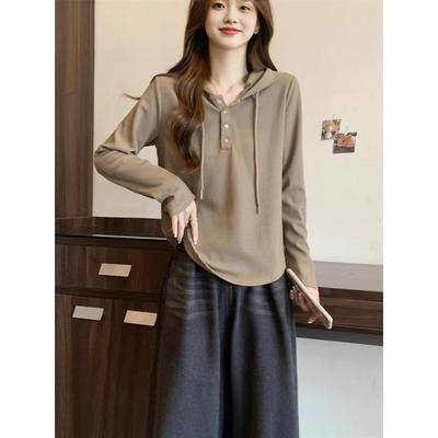 A Full-shoulder Hooded Sweatshirt for Women In Spring and Autumn, with An Irregular Design That Covers The Belly and Makes One Look Slimmer