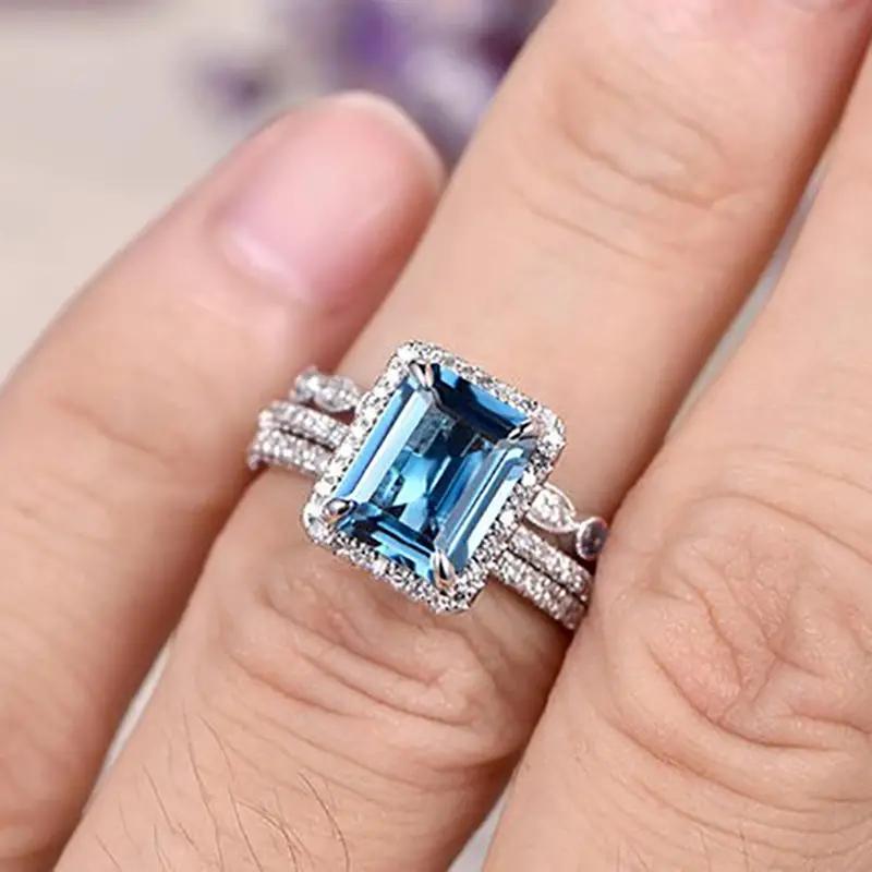 Huitan Luxury 3Pcs Set Blue Cubic Zirconia Rings for Women Newly Designed Luxury Female Ring Anniversary Party Statement Jewelry