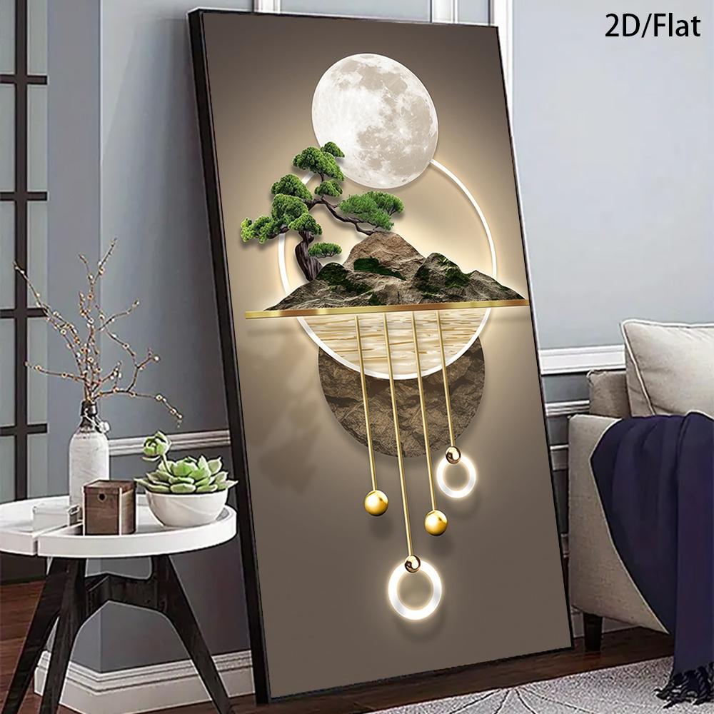 1 Modern Abstract Full Moon Canvas Art Print - Serene Bonsai and Chandelier Wall Decor, Minimalist Home Decor for Living Room an