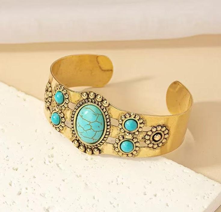 Turquoise Retro Court Style Open Bangle for Women, Japanese and Korean INS Inspired, Chic Niche Design