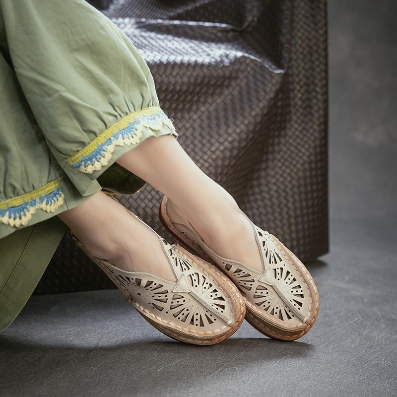 Johnature Genuine Leather Retro Hollow-out Breathable Sandals Versatile Comfortable Women's Slip-on Shoes