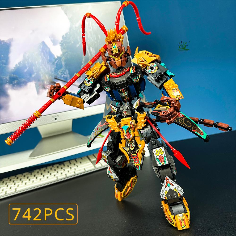 HUIQIBAO Black SunWuKong Warrior Mech Robot Building Blocks MOC Action Figure Brick Children City Construction Display Toys