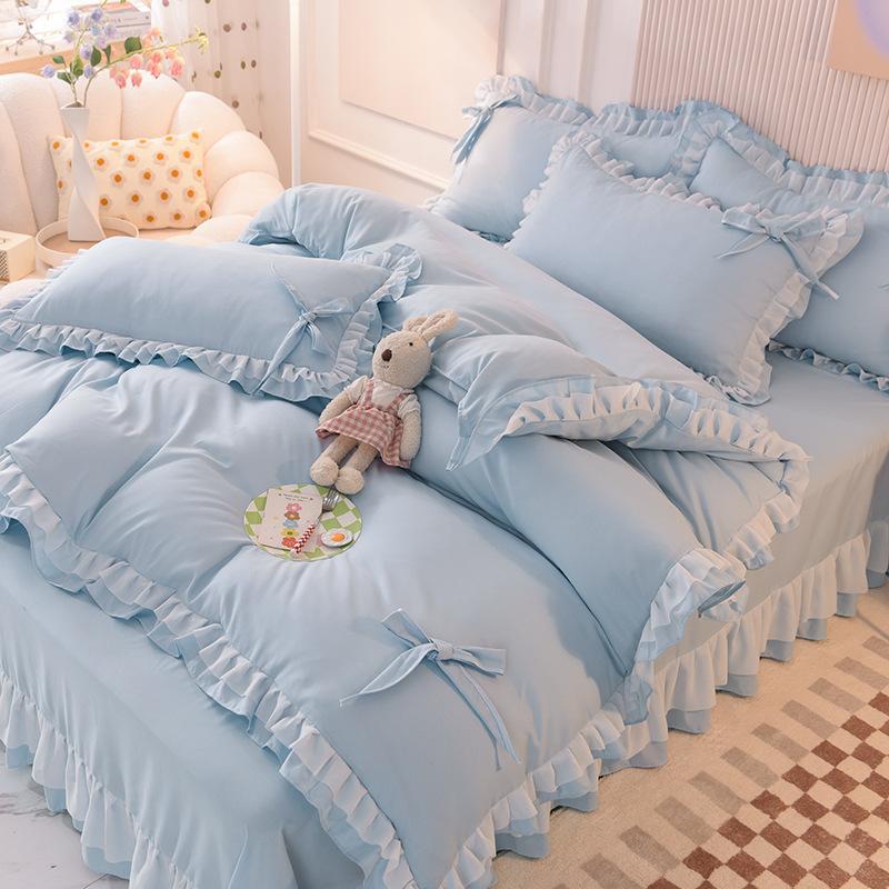 Koreanischer Prinzessinnenstil Vierteiliges Set Verdickter gebürsteter Bettbezug Rutschfester Schutz Tagesdecke Rüschenvolant-Stil